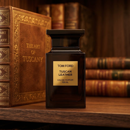 Tom Ford Tuscan Leather on dark walnut library shelf with a leather-bound book with gold foil