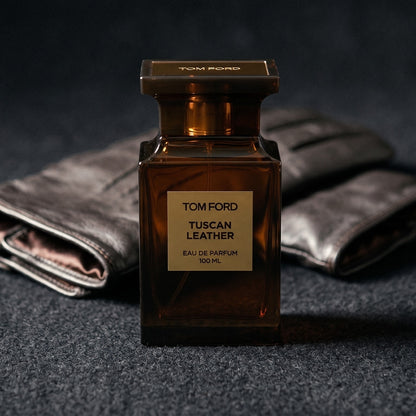 Tom Ford Tuscan Leather on charcoal felt with a silk-lined glove just behind the bottle