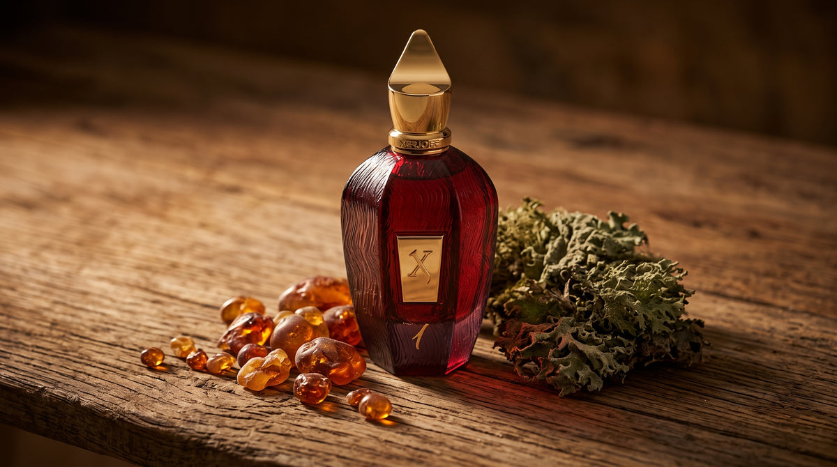 Xerjoff 1 One Red Parfum - UAE Exclusive Dubai Boutique Edition on aged teak with amber resin beads beside a piece of oakmoss