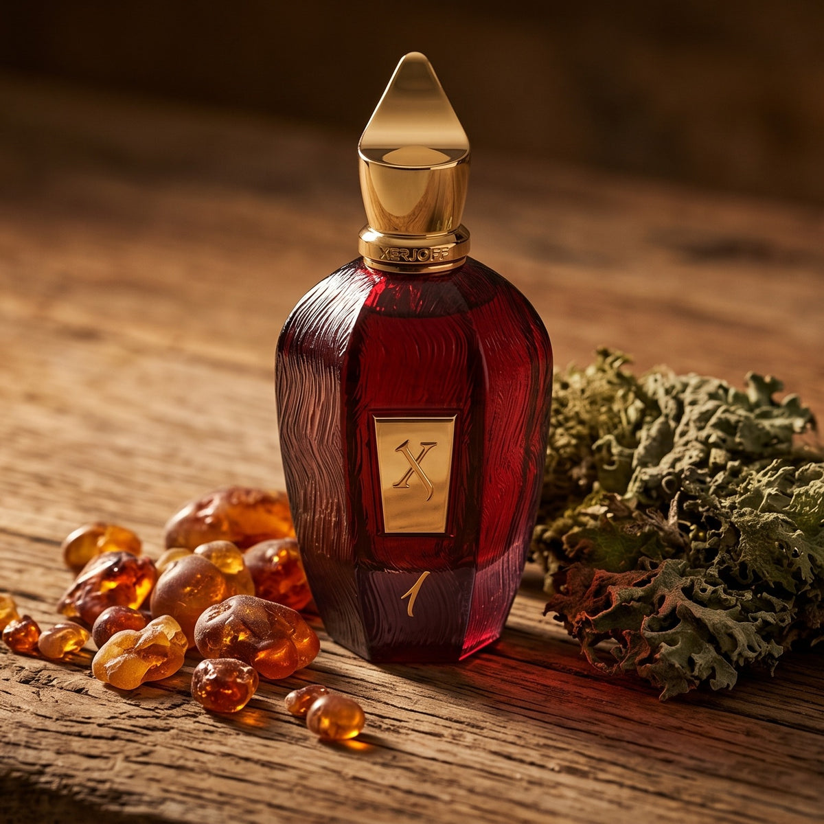 Xerjoff 1 One Red Parfum - UAE Exclusive Dubai Boutique Edition on aged teak with amber resin beads beside a piece of oakmoss