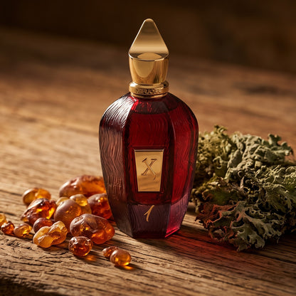 Xerjoff 1 One Red Parfum - UAE Exclusive Dubai Boutique Edition on aged teak with amber resin beads beside a piece of oakmoss