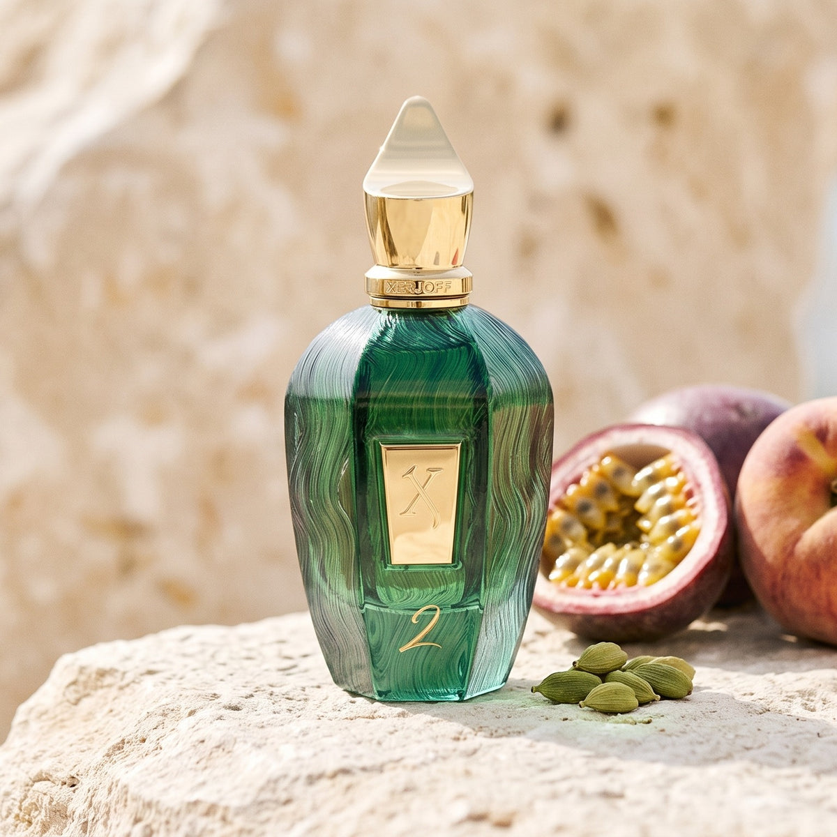 Xerjoff 2 Two Green Eau de Parfum - UAE Exclusive Dubai Boutique Edition on pale sand-coloured limestone with passion fruit, peach and cardamom