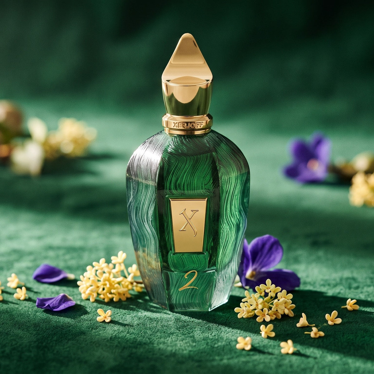 Xerjoff 2 Two Green Eau de Parfum - UAE Exclusive Dubai Boutique Edition on deep green velvet with osmanthus blossom and violet petals