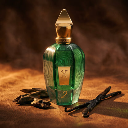 Xerjoff 2 Two Green Eau de Parfum - UAE Exclusive Dubai Boutique Edition on dark tan leather with agarwood chips and a vanilla pod