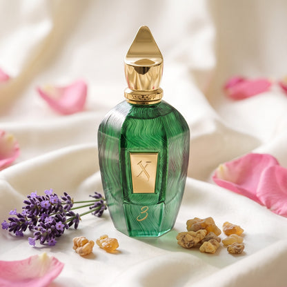 Xerjoff 3 Three Green Eau de Parfum - UAE Exclusive Dubai Boutique Edition on ivory silk with rose petals, lavender and benzoin