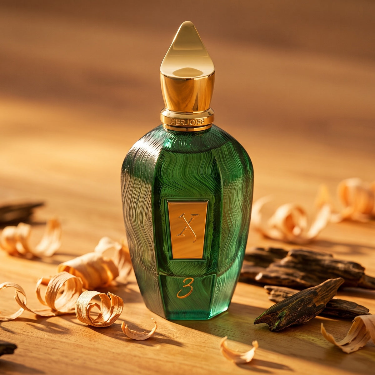 Xerjoff 3 Three Green Eau de Parfum - UAE Exclusive Dubai Boutique Edition on warm honey-toned sandalwood with sandalwood shavings and agarwood