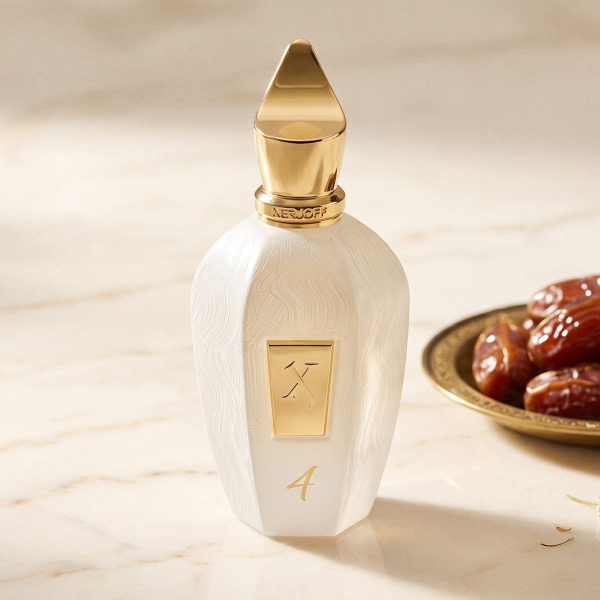 Xerjoff 4 Four White Eau de Parfum - UAE Exclusive Dubai Boutique Edition on pale cream marble with Medjool dates and chamomile