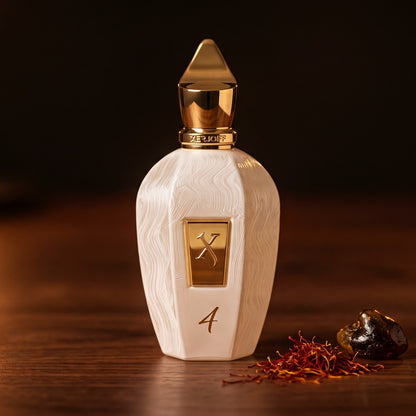 Xerjoff 4 Four White Eau de Parfum - UAE Exclusive Dubai Boutique Edition on dark walnut with saffron threads and labdanum resin