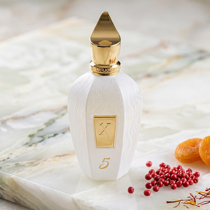 Xerjoff 5 Five White Eau de Parfum - UAE Exclusive Dubai Boutique Edition on white onyx with pink pepper, dried apricots and saffron