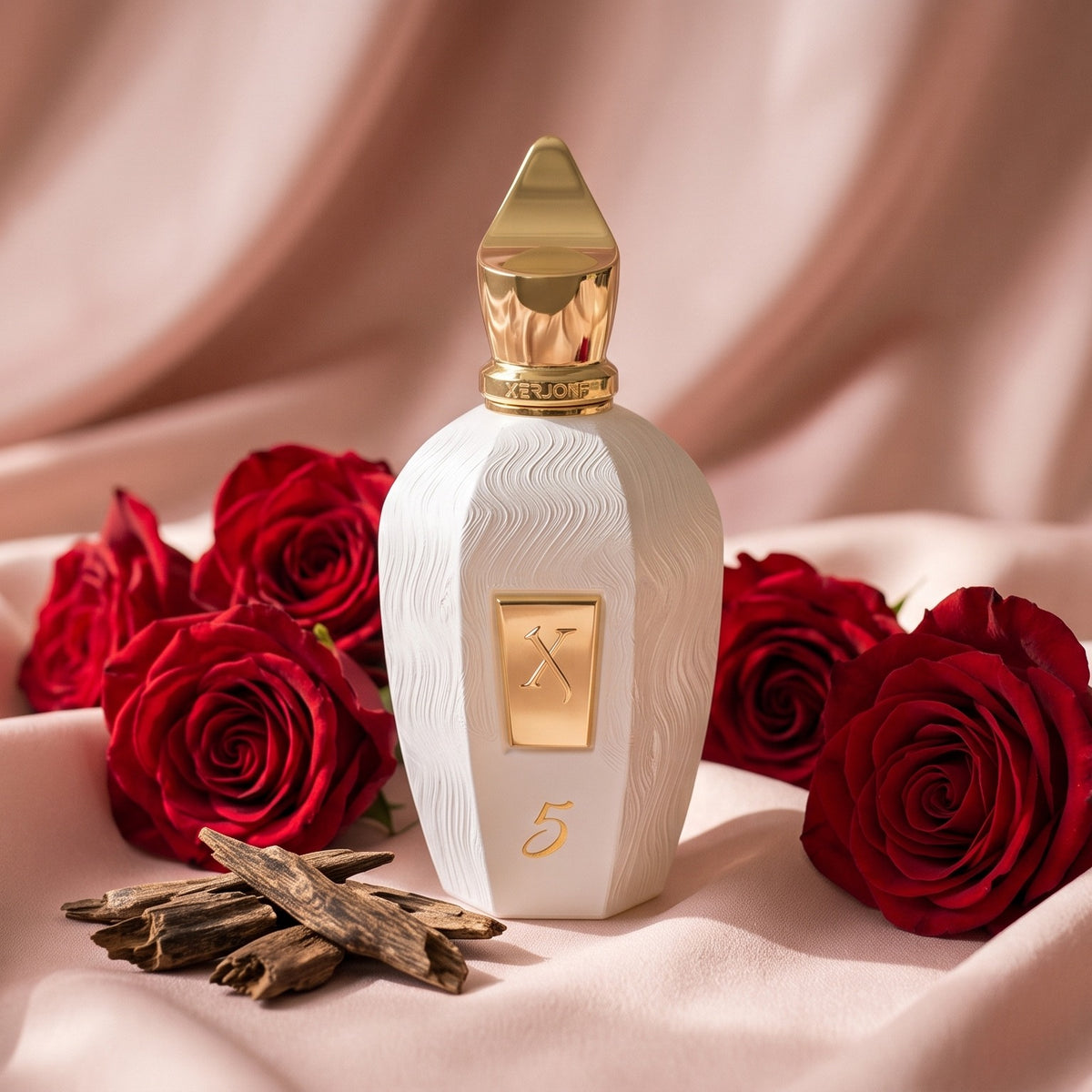 Xerjoff 5 Five White Eau de Parfum - UAE Exclusive Dubai Boutique Edition on blush pink silk with red roses and agarwood