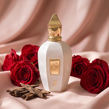 Xerjoff 5 Five White Eau de Parfum - UAE Exclusive Dubai Boutique Edition on blush pink silk with red roses and agarwood