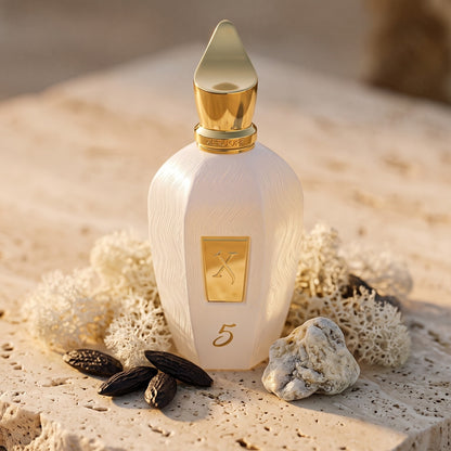 Xerjoff 5 Five White Eau de Parfum - UAE Exclusive Dubai Boutique Edition on cream travertine with tonka beans, ambergris and moss