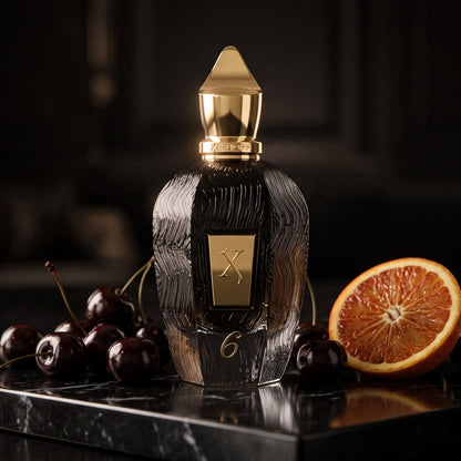 Xerjoff 6 Six Black Eau de Parfum - UAE Exclusive Dubai Boutique Edition on black marble with marasca cherries and bitter orange