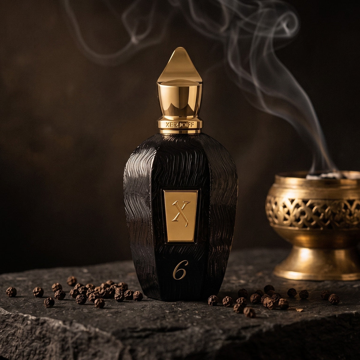 Xerjoff 6 Six Black Eau de Parfum - UAE Exclusive Dubai Boutique Edition on dark basalt stone with a bakhoor burner and black pepper