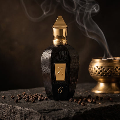 Xerjoff 6 Six Black Eau de Parfum - UAE Exclusive Dubai Boutique Edition on dark basalt stone with a bakhoor burner and black pepper