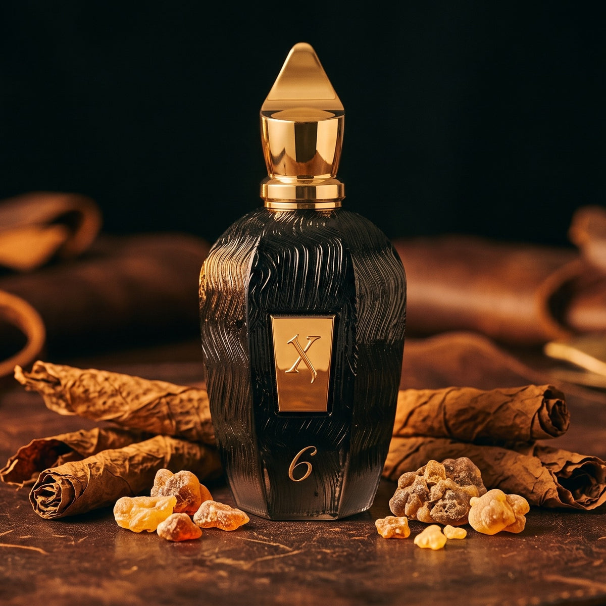 Xerjoff 6 Six Black Eau de Parfum - UAE Exclusive Dubai Boutique Edition on aged dark leather with tobacco leaves and tolu balsam