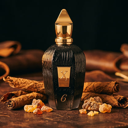 Xerjoff 6 Six Black Eau de Parfum - UAE Exclusive Dubai Boutique Edition on aged dark leather with tobacco leaves and tolu balsam