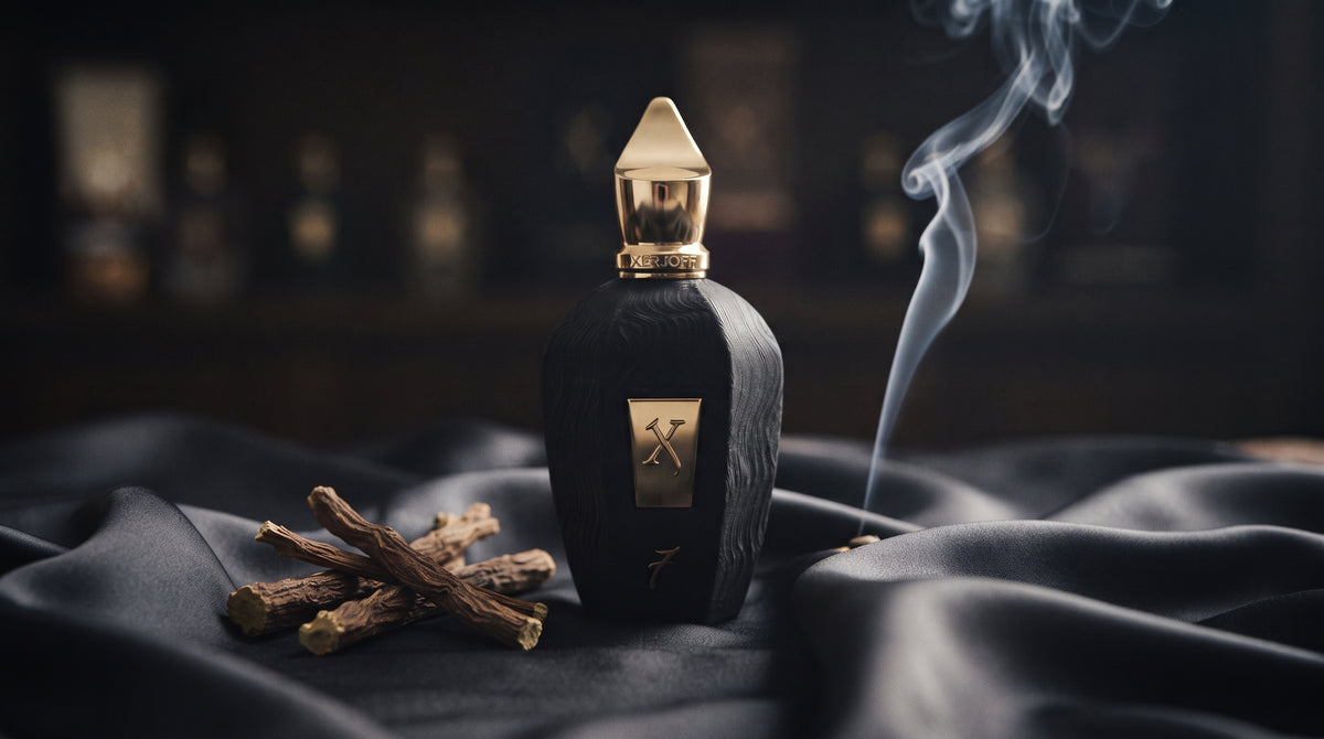 Xerjoff 7 Seven Black Flacon Parfum - UAE Exclusive Dubai Boutique Edition on charcoal silk with orris root beside a single thread of incense smoke