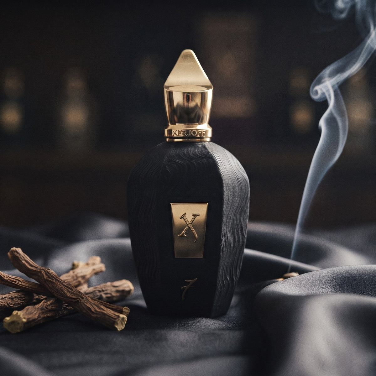 Xerjoff 7 Seven Black Flacon Parfum - UAE Exclusive Dubai Boutique Edition on charcoal silk with orris root beside a single thread of incense smoke