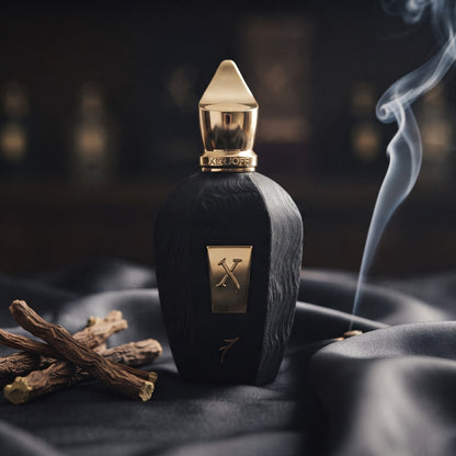 Xerjoff 7 Seven Black Flacon Parfum - UAE Exclusive Dubai Boutique Edition on charcoal silk with orris root beside a single thread of incense smoke