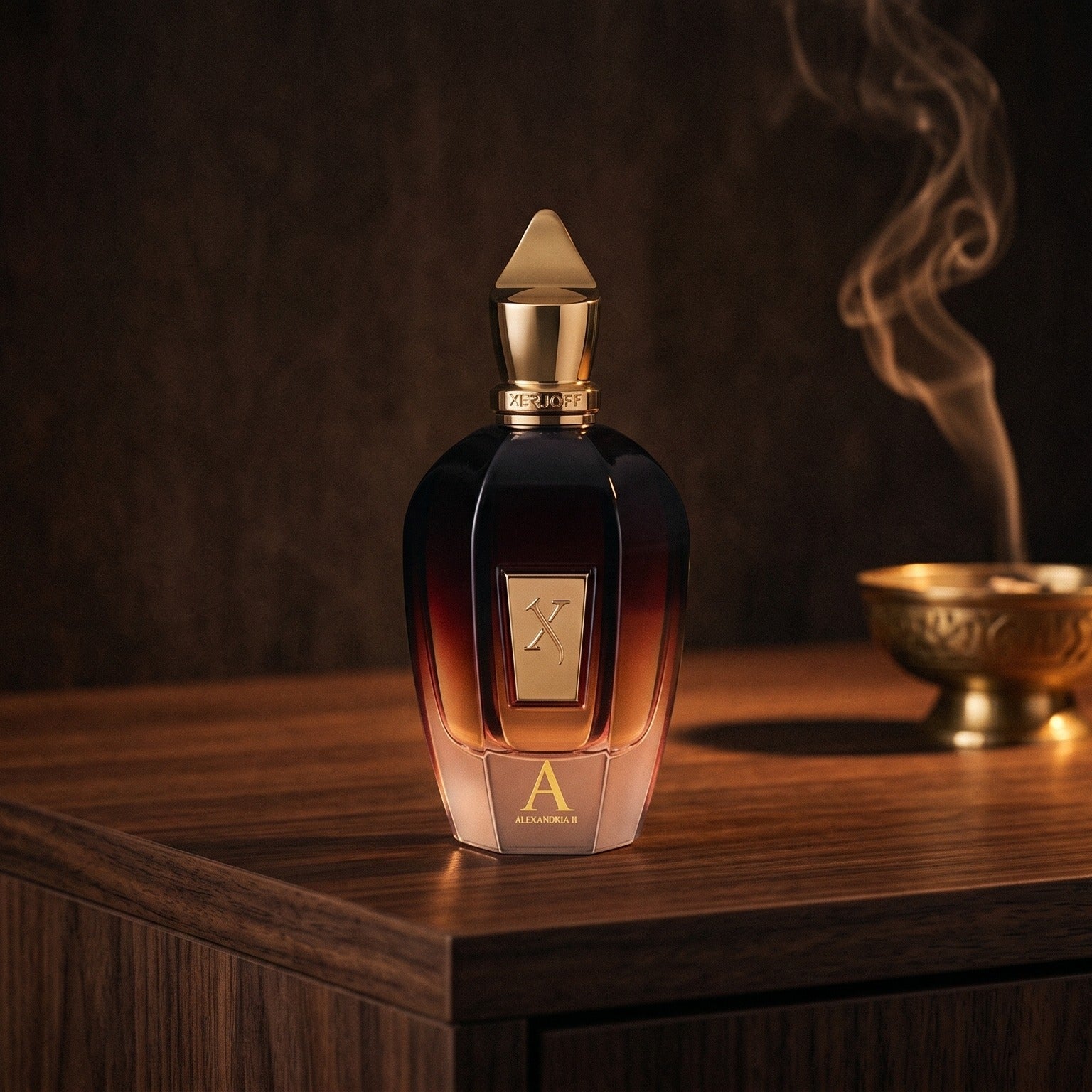 Xerjoff Alexander II on aged walnut board with dried agarwood shavings scattered loosely