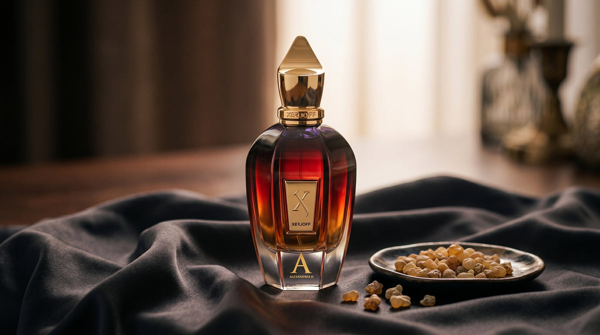 Xerjoff Oud Stars Alexandria II EDP on charcoal silk with frankincense resin granules in a small saucer