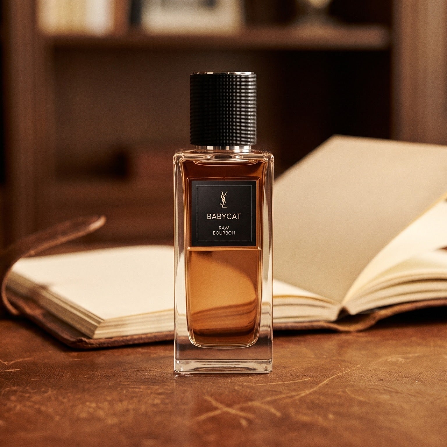 Yves Saint Laurent Babycat Raw Bourbon EDP on worn tobacco leather desk with a leather-bound notebook