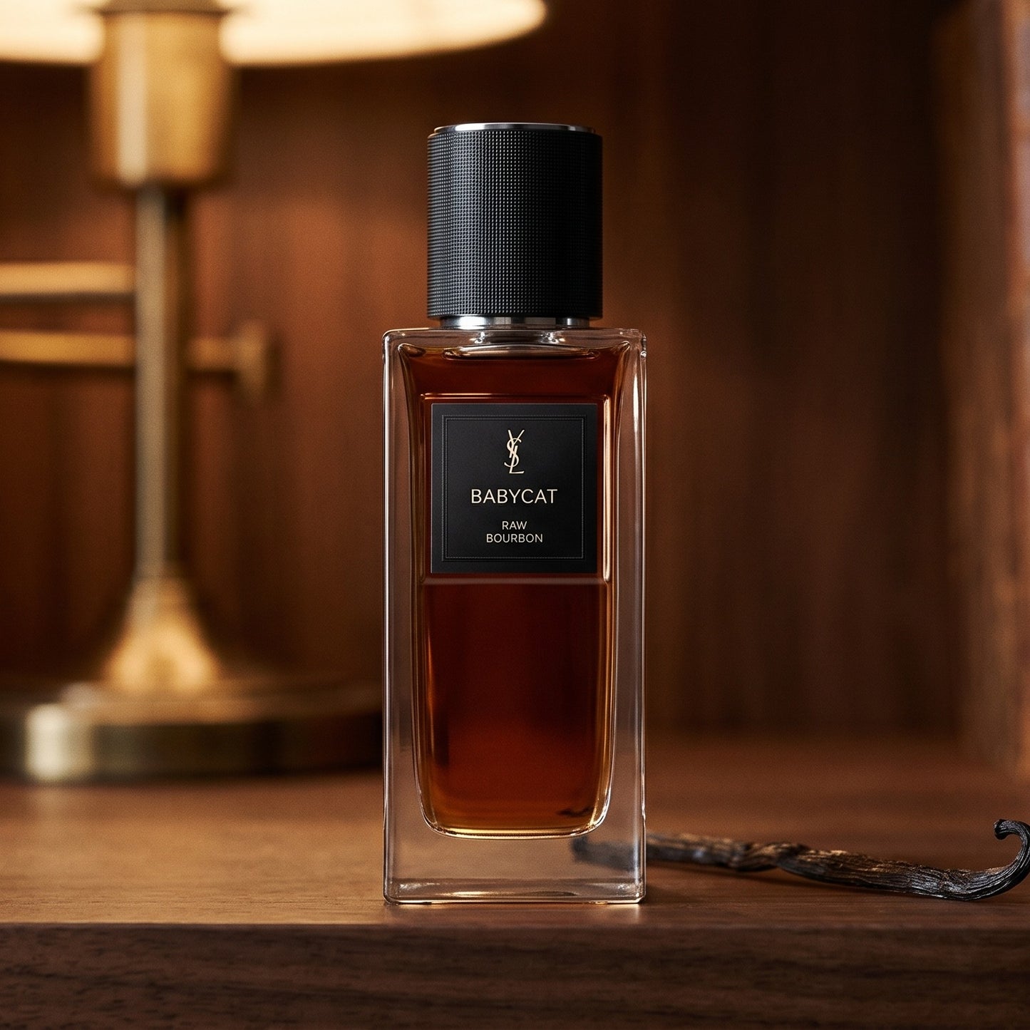 Yves Saint Laurent Babycat Raw Bourbon EDP on dark walnut library shelf with a single vanilla pod resting beside the bottle