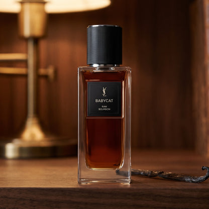 Yves Saint Laurent Babycat Raw Bourbon EDP on dark walnut library shelf with a single vanilla pod resting beside the bottle