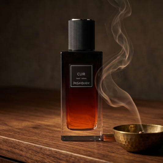 Yves Saint Laurent Cuir on smoked-glass tabletop with a lacquered incense burner in mid-glow