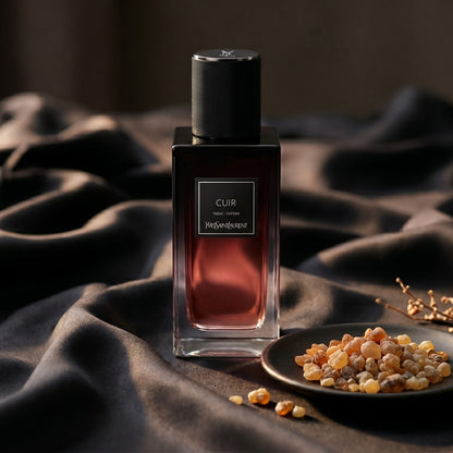 Yves Saint Laurent Cuir on black velvet with a thread of smoking oud between folds