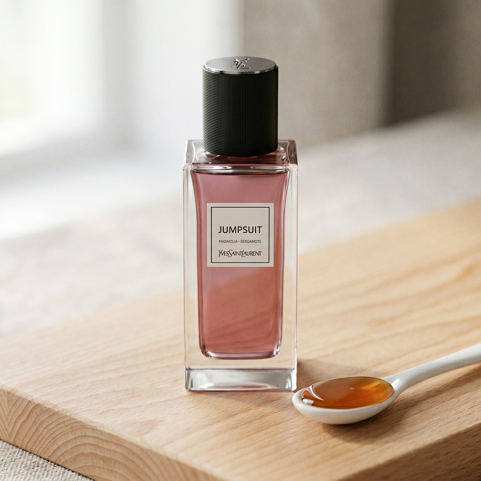 Yves Saint Laurent Jumpsuit on pale beech wood with a small porcelain spoon of honey