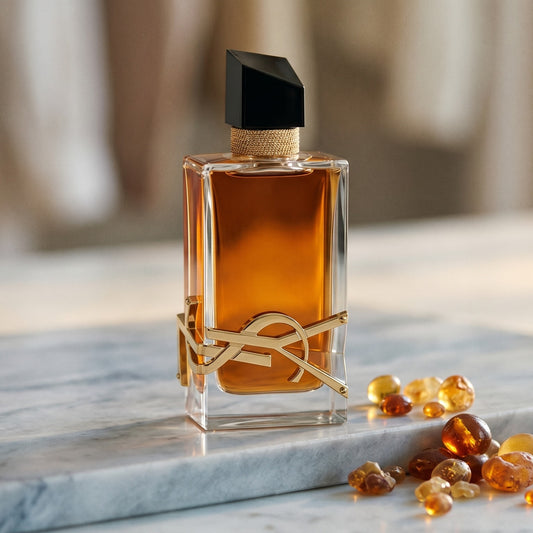 Yves Saint Laurent Libre Intense EDP on warm taupe marble with copal beads spilling from a small dish