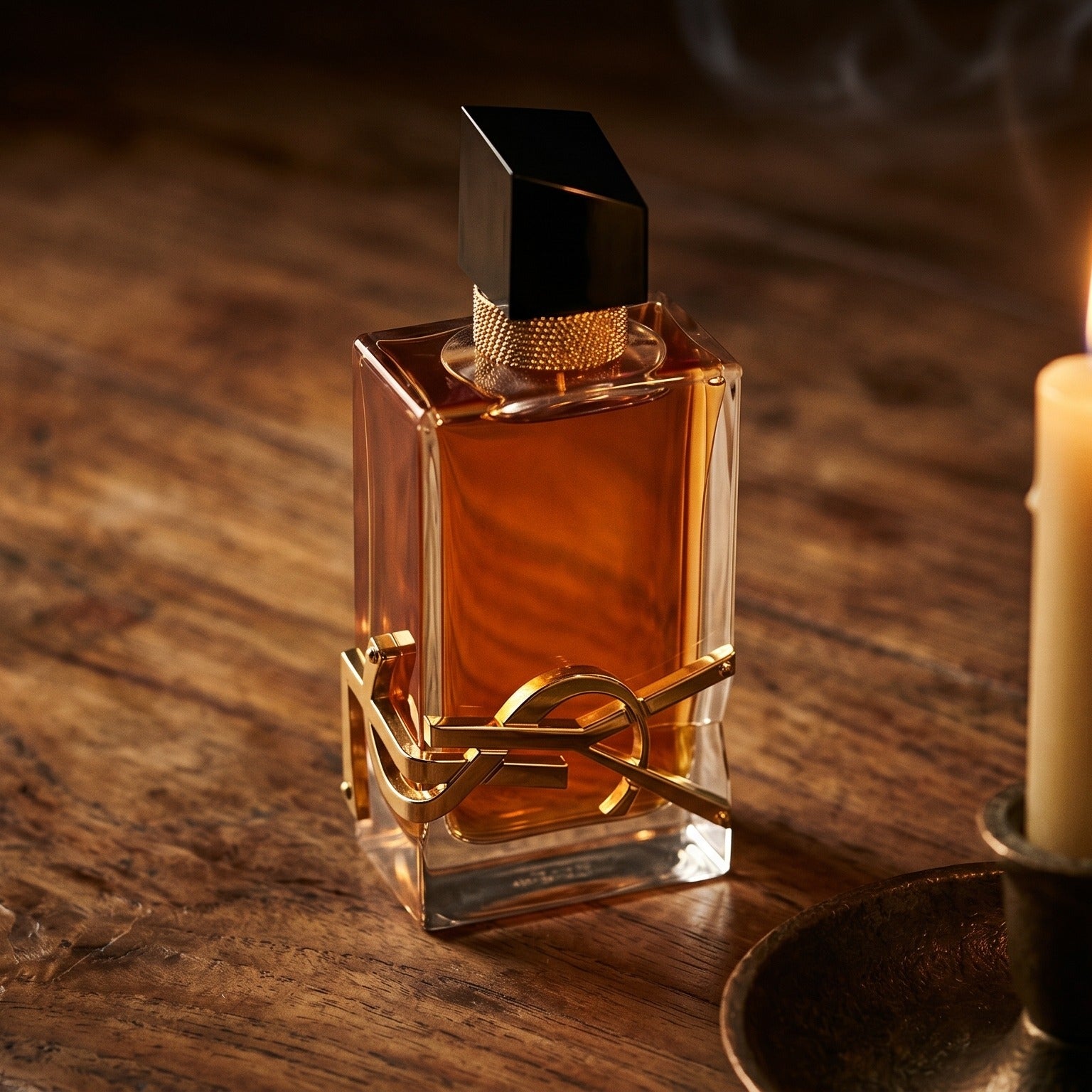 Yves Saint Laurent Libre Intense EDP on aged teak with a candle burning gently to frame-right
