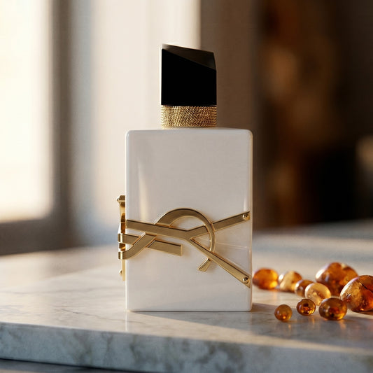 Yves Saint Laurent Libre L Eau Nue Perfume de Peau on pale sandstone with golden amber shards catching the light