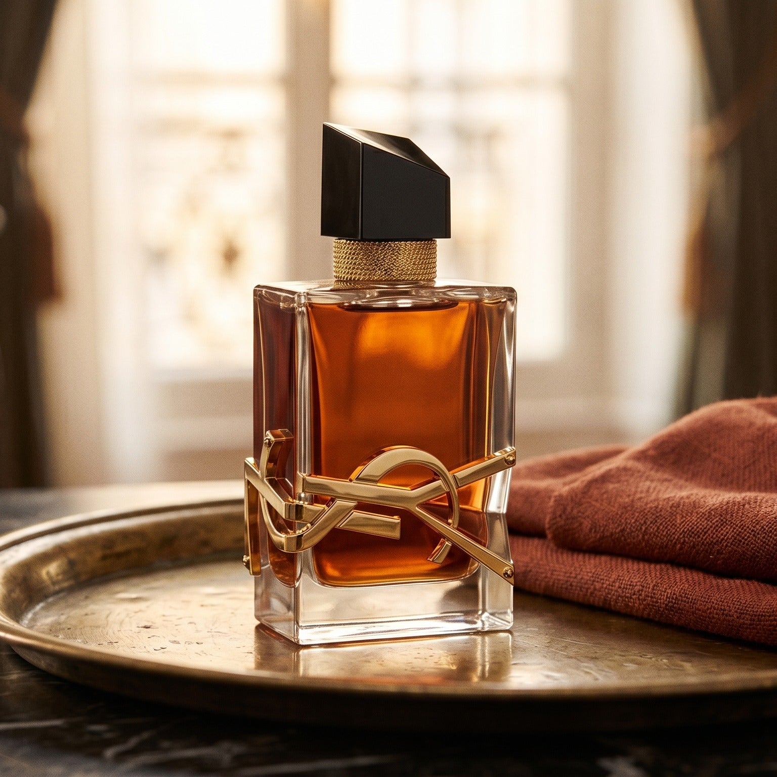 Yves Saint Laurent Libre Le Parfum on patinated bronze tray with a folded shawl in deep saffron