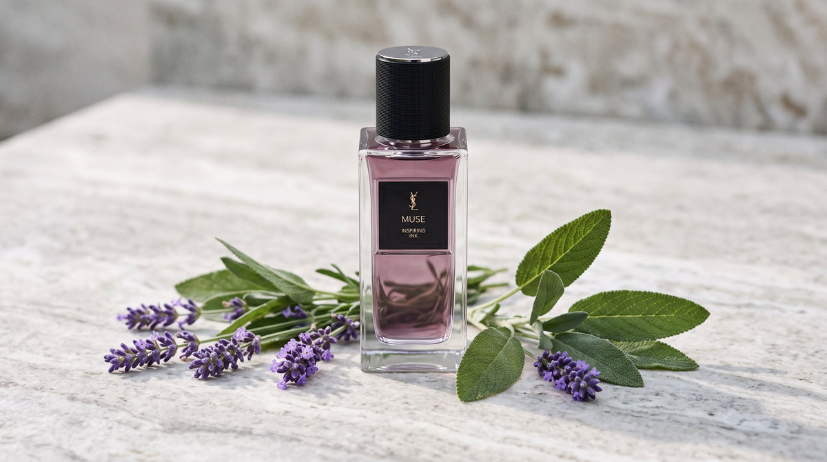 Yves Saint Laurent Muse Inspiring Ink EDP on pale grey stone with sprigs of lavender and clary sage laid flat