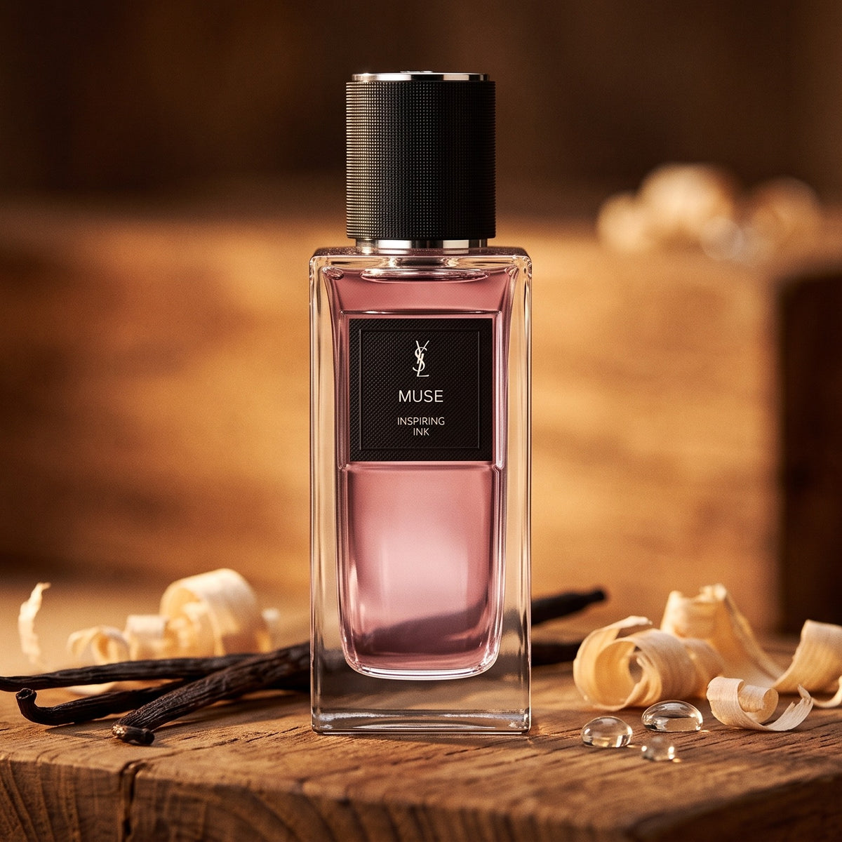 Yves Saint Laurent Muse Inspiring Ink EDP on aged teak with vanilla pods and pale wood shavings