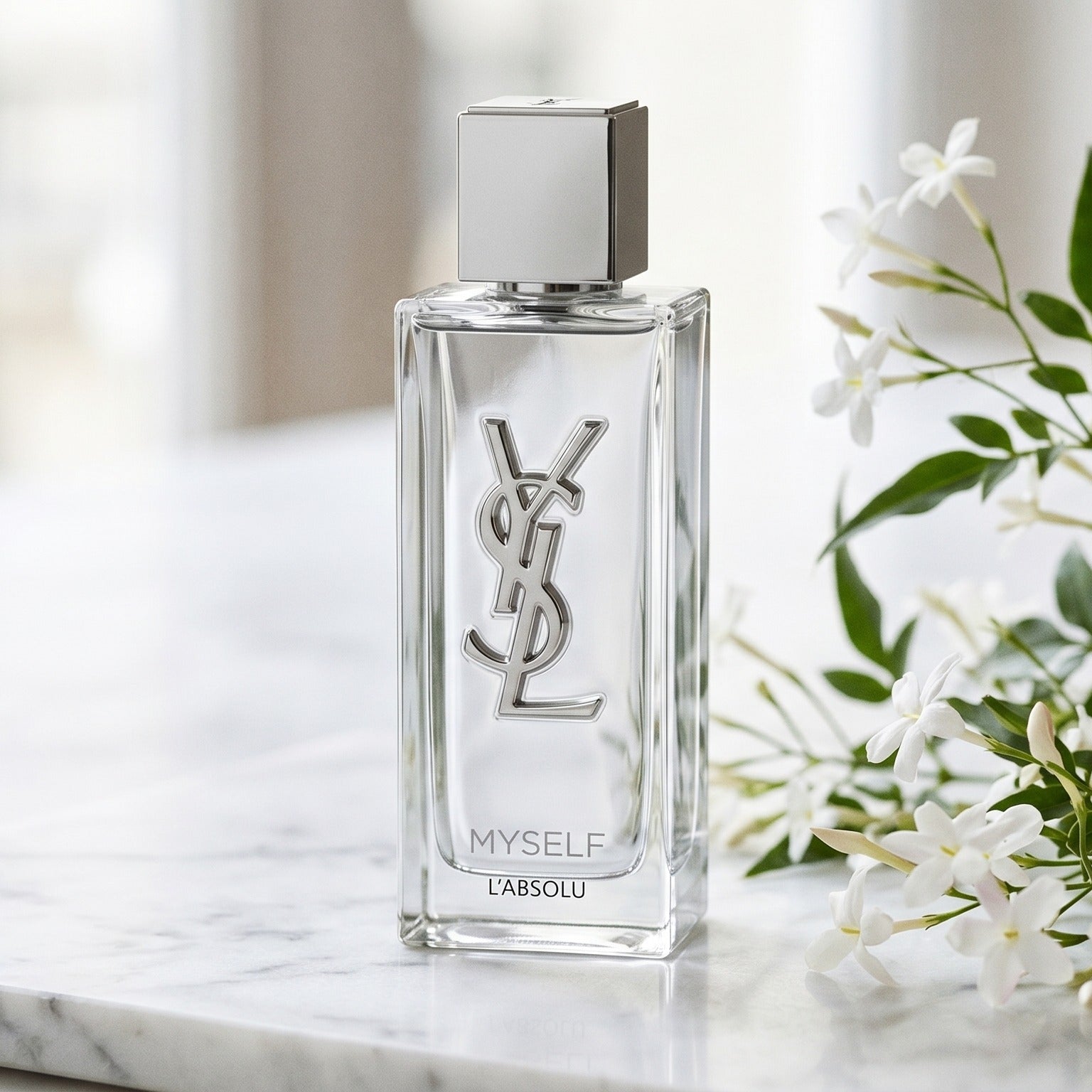 Yves Saint Laurent Myslf L Absolu Parfum on pale limestone with tuberose stems laid loosely beside the bottle