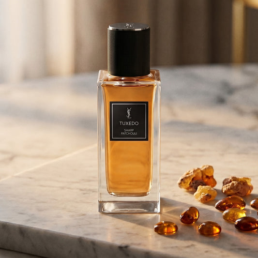 Yves Saint Laurent Tuxedo Epices Sharp Patchouli EDP on warm ivory travertine with labdanum chunks clustered by the base
