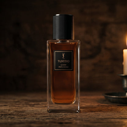 Yves Saint Laurent Tuxedo Epices Sharp Patchouli EDP on reclaimed oak surface with a glass hurricane lamp softly glowing