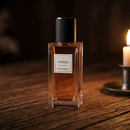 Yves Saint Laurent Tuxedo on rosewood surface with a squat brass candle flickering nearby